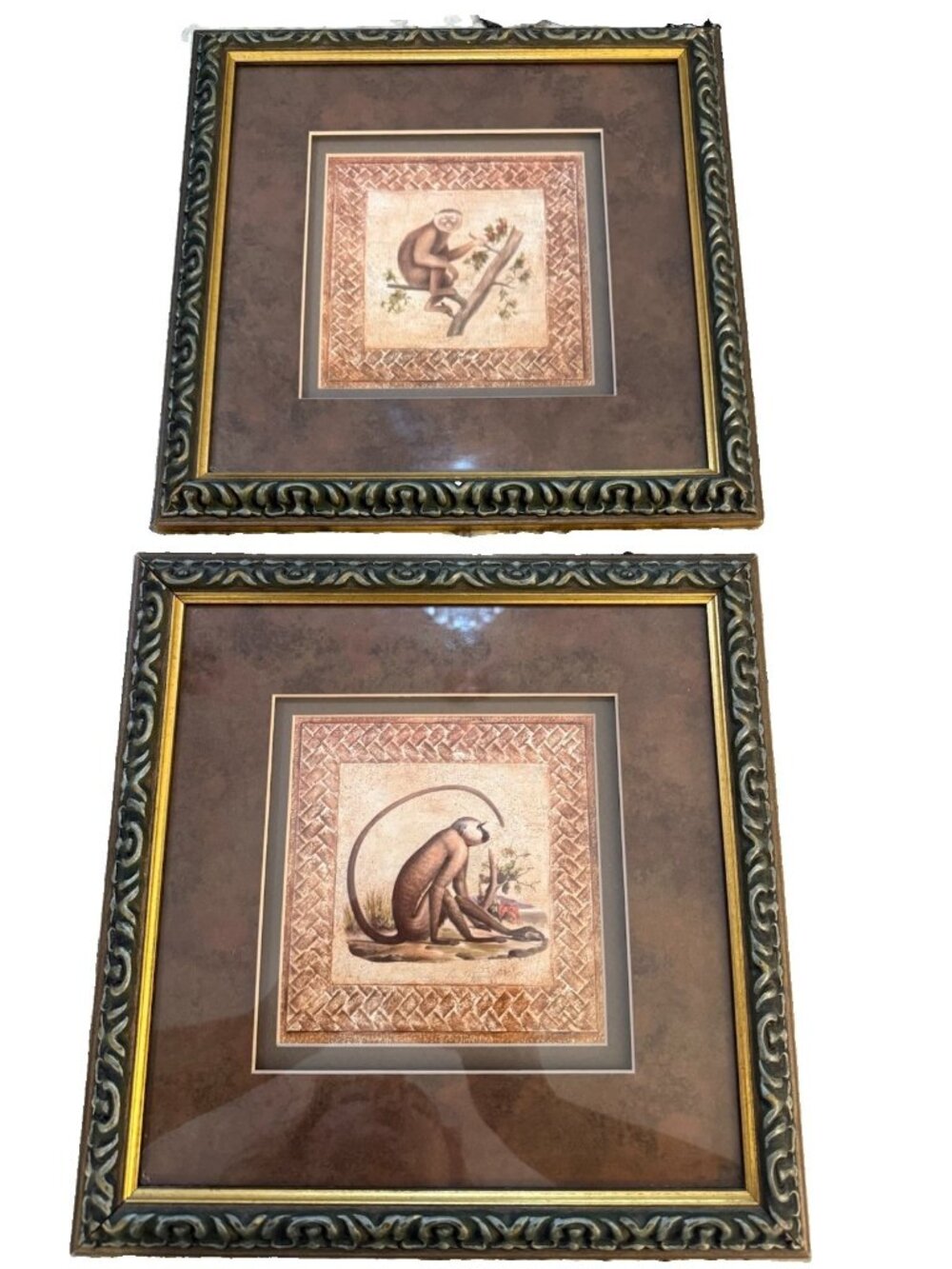 Vintage Pair Monkey Jungle Art Tropical Primate Decor Wood Glass Frame Matted